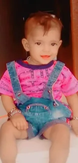 Adorable baby seated in pink shirt and denim overalls indoors.