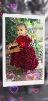 Adorable baby in floral dress with heart accents.