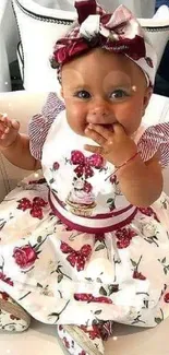 Adorable baby in a floral dress sitting on a chair with a sweet smile.