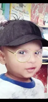 Adorable baby with glasses and a cap in a playful pose.