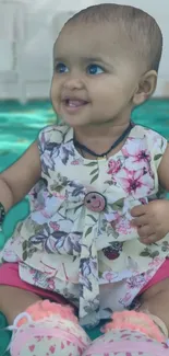 Baby in floral dress sitting on green mat, smiling joyfully.