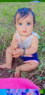 Adorable baby sitting in nature with vibrant colors.