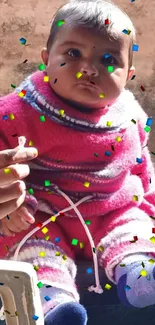 Charming baby in pink sweater sitting on a chair.