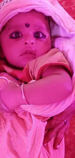 Adorable baby wrapped in a pink blanket with cute expression.