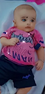 Adorable baby in pink shirt and blue shorts on soft background.