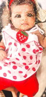 Cute baby in red and white polka dot outfit with glitter effect.