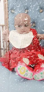 Adorable baby in red dress on blue chair.