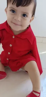 Adorable baby in a red outfit smiling while sitting.