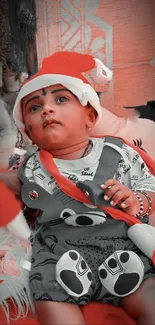 Cute baby wearing Santa hat in festive colors.