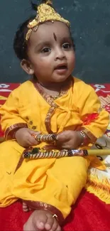 Adorable baby in yellow traditional outfit sitting on a bright patterned background.