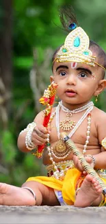 Cute baby in traditional attire with jewelry and colorful peacock feather.