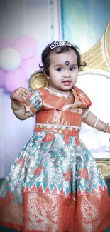 Adorable baby in traditional attire, vibrant and colorful.