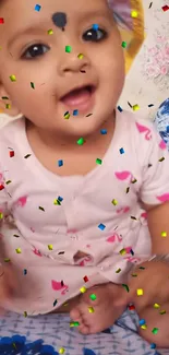 Adorable baby with a colorful hat and playful smile.