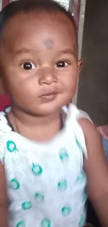 Adorable baby in white sleeveless shirt with a gentle smile.