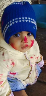 Adorable baby wearing a blue knitted hat and winter coat.