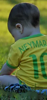 Baby in yellow jersey sitting on green grass.