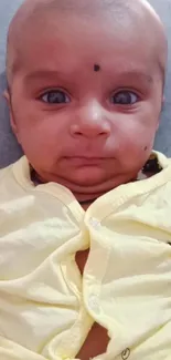 Adorable baby smiling in a yellow outfit against a soft backdrop.