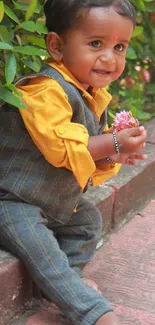 Smiling baby in a yellow shirt holding pink flowers.