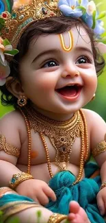 Smiling baby Krishna with floral crown and vibrant colors.