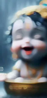 Adorable Baby Krishna in vibrant blue hues, smiling joyfully.