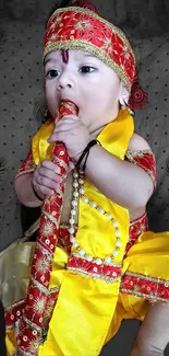 Baby dressed as Krishna in vibrant yellow and red attire.