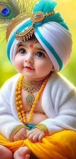 Cute Baby Krishna in vibrant attire, smiling joyfully.