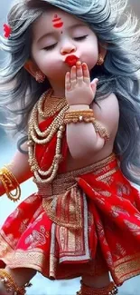 Adorable Baby Krishna in red attire, offering a blessing.