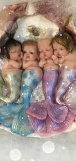 Adorable baby mermaids nestled in a seashell with pastel colors.