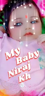 Adorable baby with stars and text design on pink mobile wallpaper.