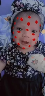 Adorable baby in floral outfit with playful background.