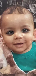 Smiling baby in brown fleece jacket with floral background.