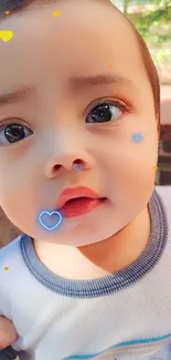 Adorable baby with heart accents background.