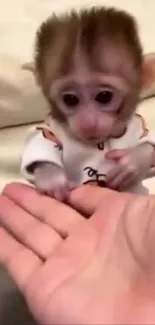 Baby monkey in pajamas reaching out to a hand.