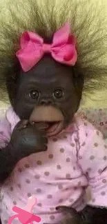 Adorable baby monkey with pink bow in polka dot outfit.