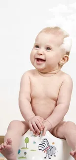 Adorable smiling baby sitting on a decorative potty chair.