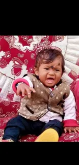 Cute baby smiling on a red patterned chair.