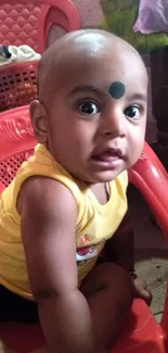 Adorable baby in yellow shirt sitting on a red chair with curious expression.