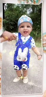 Adorable baby in blue outfit with a smile outdoors.