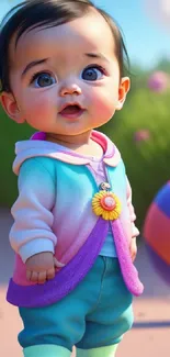 Adorable baby in a colorful outdoor setting with vibrant surroundings.