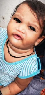 Adorable baby with striped shirt and charming expression in portrait image.