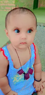 Adorable baby in a blue outfit sitting calmly with a cute expression.