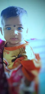 Adorable baby in colorful outfit with a blurred background.