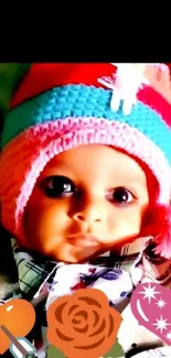 Charming baby photo with colorful knitted beanie.