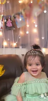 Adorable baby girl in mint green dress with starry lights.