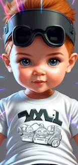 Adorable baby in racing-themed outfit with goggles, perfect for mobile wallpaper.