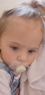 Serene baby with pacifier resting against soft background.