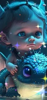 Cute baby on blue dragon, fantasy art.