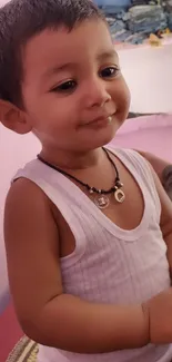 Adorable baby smiling in a colorful room.