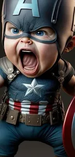 Cute baby in superhero costume holding a shield, perfect for mobile wallpaper.