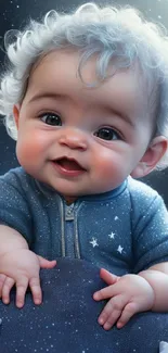 Adorable baby with curly hair under a starry night sky, smiling sweetly.